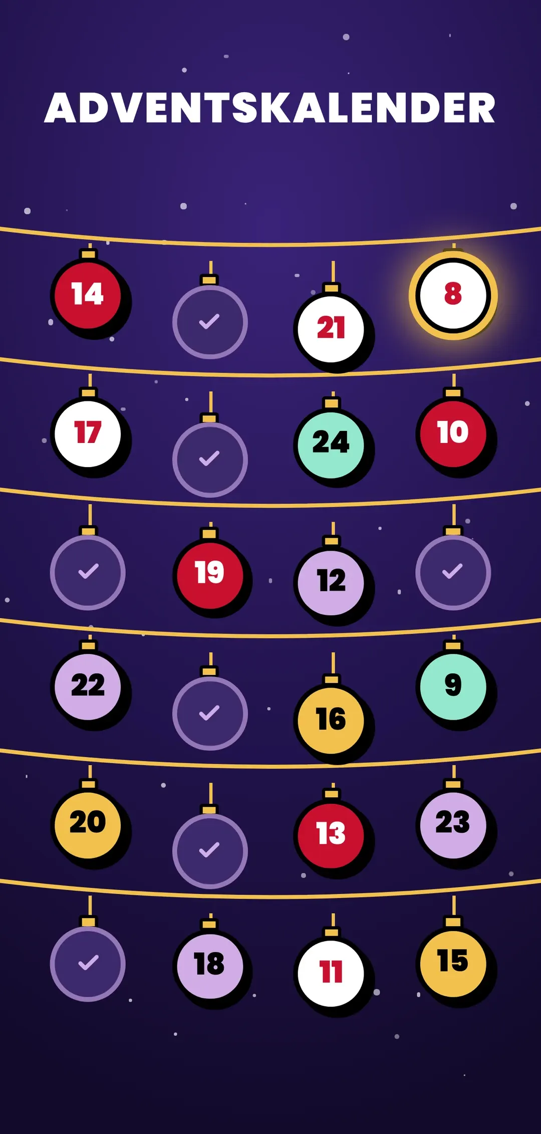 Advent calendar with the Baubles motif, upright on a phone