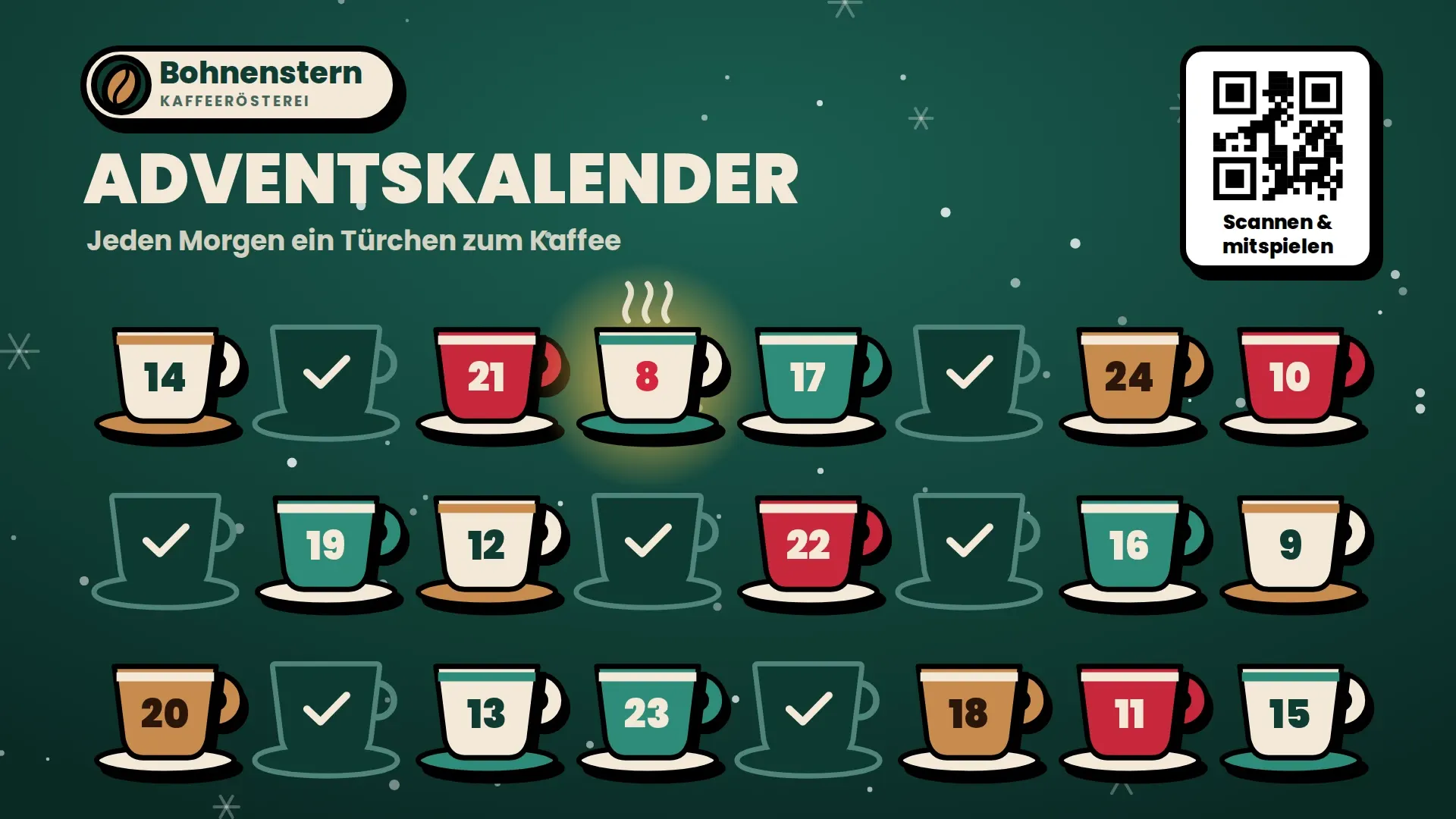 Advent calendar for the made-up brand Bohnenstern (Coffee roaster), landscape on a screen