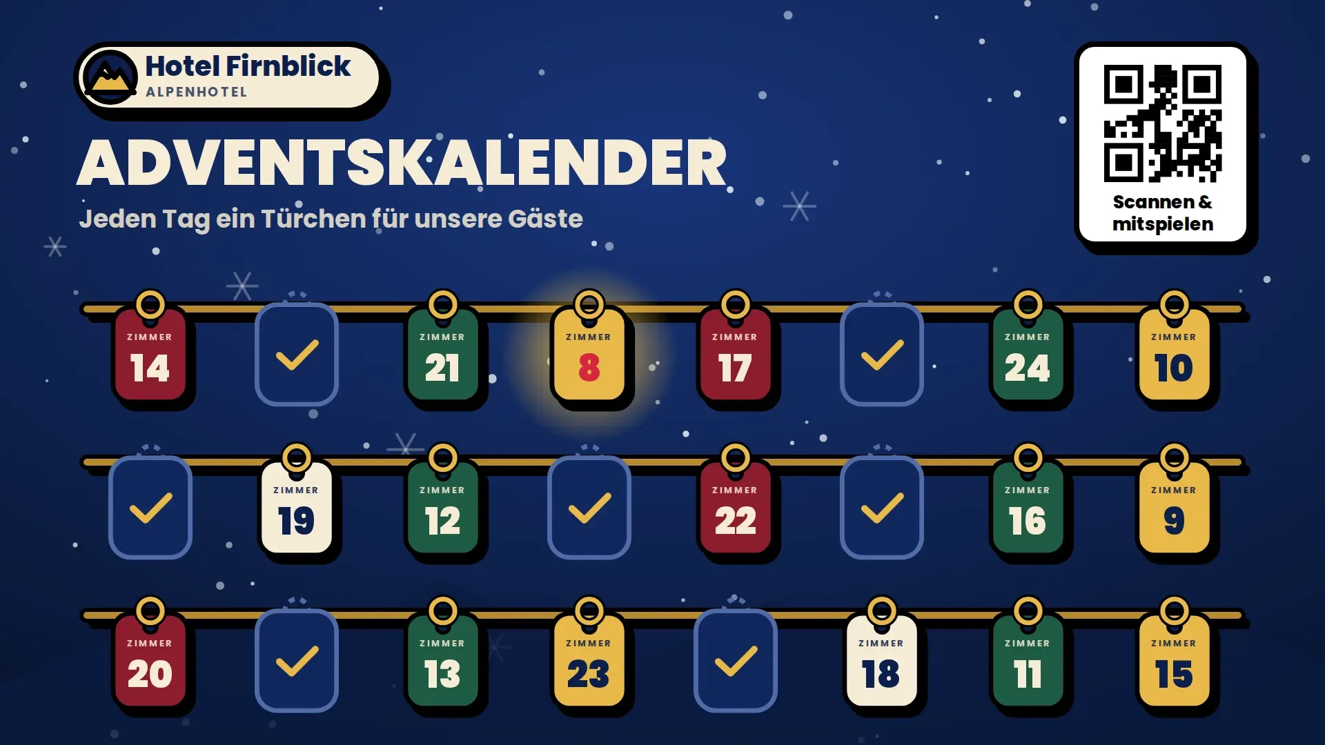 Advent calendar for the made-up brand Hotel Firnblick (Alpine hotel), landscape on a screen