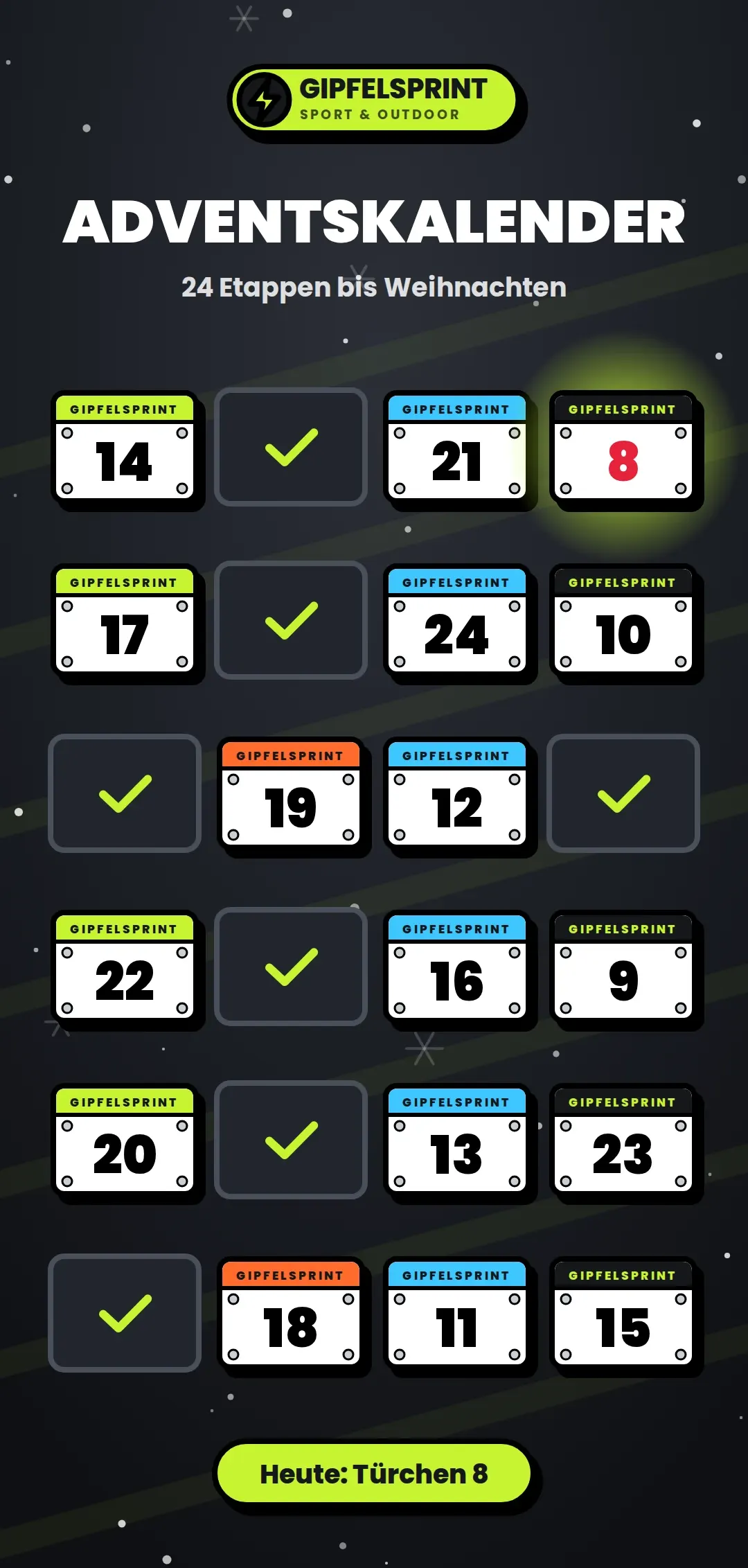 Advent calendar for the made-up brand Gipfelsprint (Sports shop), upright on a phone