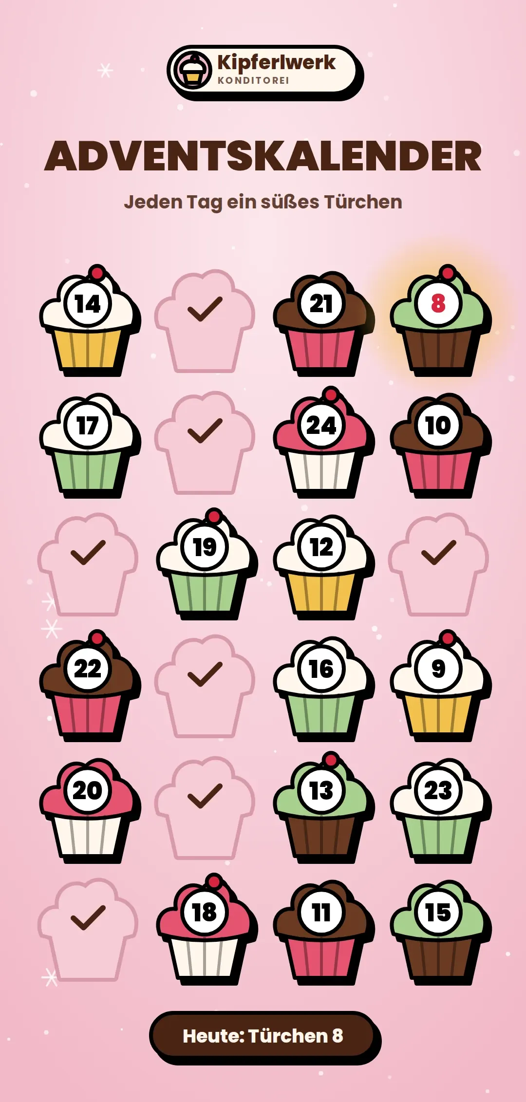 Advent calendar for the made-up brand Kipferlwerk (Pastry shop), upright on a phone