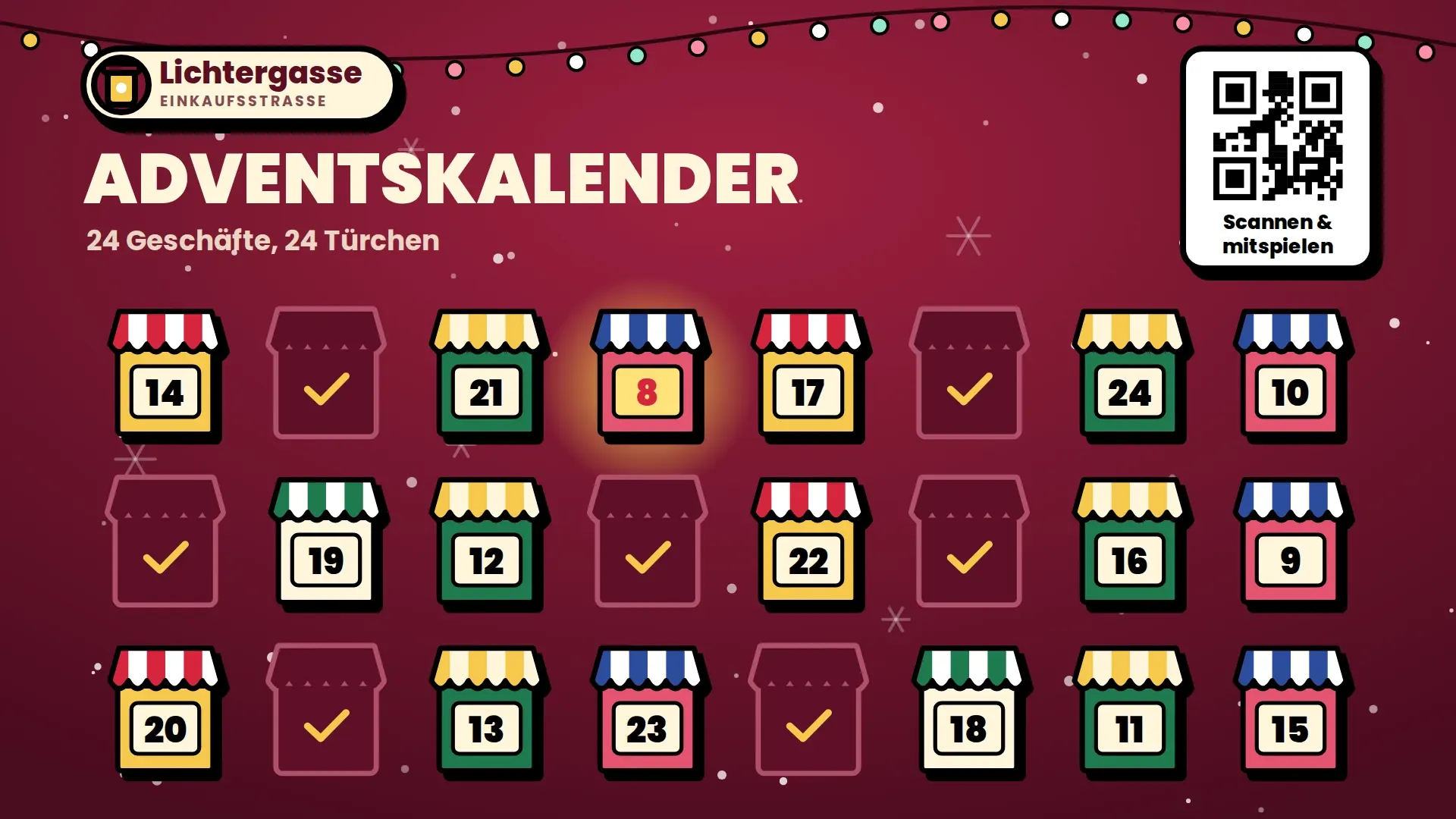 Advent calendar for the made-up brand Lichtergasse (Shopping street), landscape on a screen