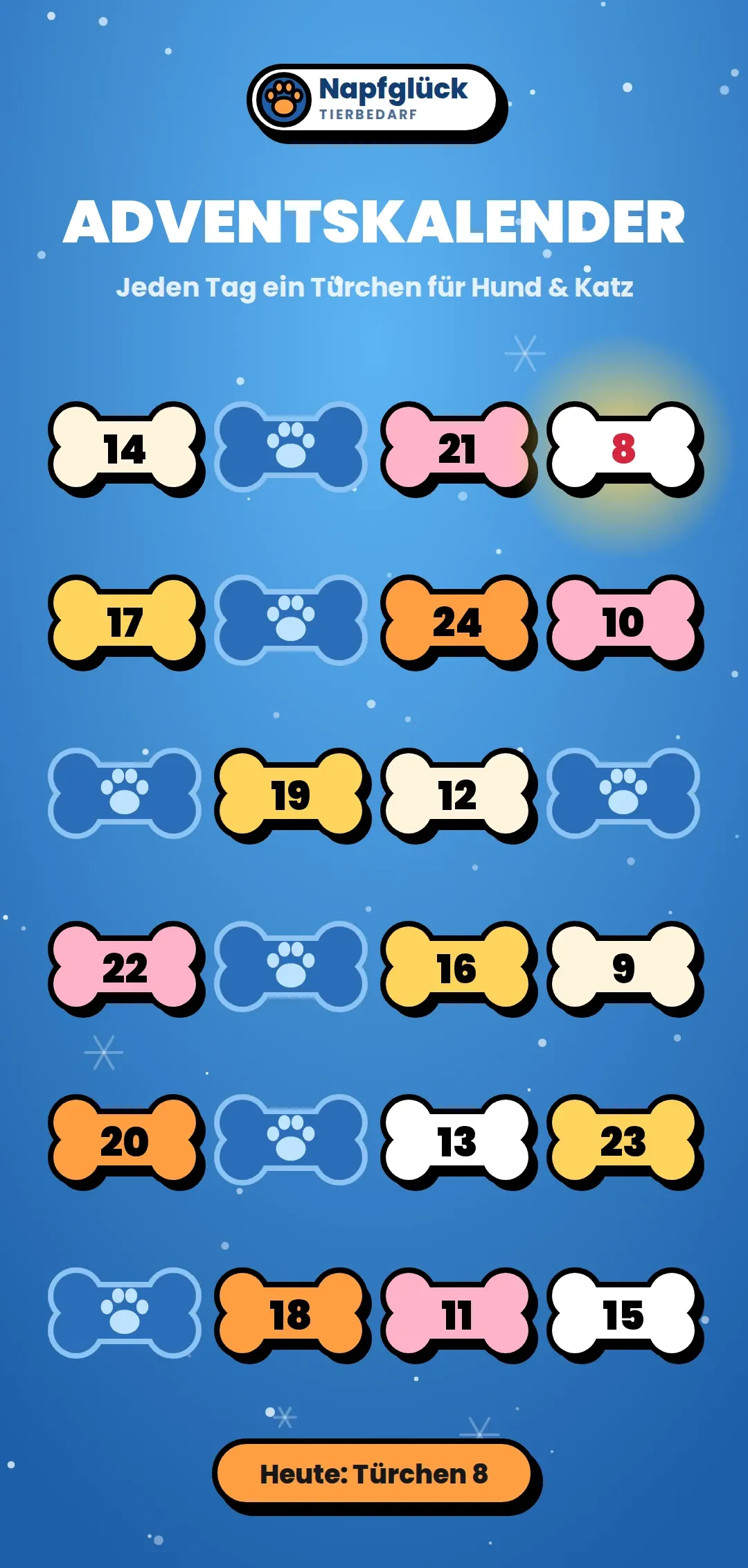 Advent calendar for the made-up brand Napfglück (Pet shop), upright on a phone