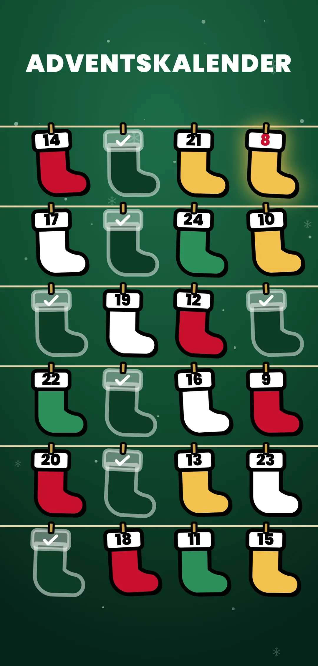 Advent calendar with the Stockings on a line motif, upright on a phone