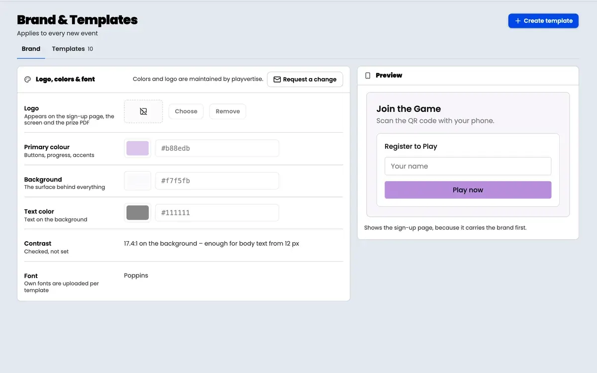 GameHub brand settings with logo, colors, font and a preview of the sign-up page