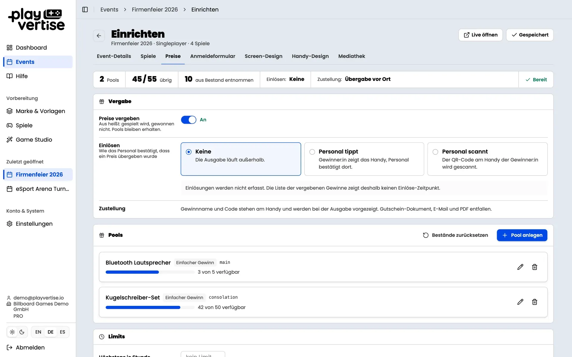 GameHub: Konfiguration von Gewinnen und Preispools