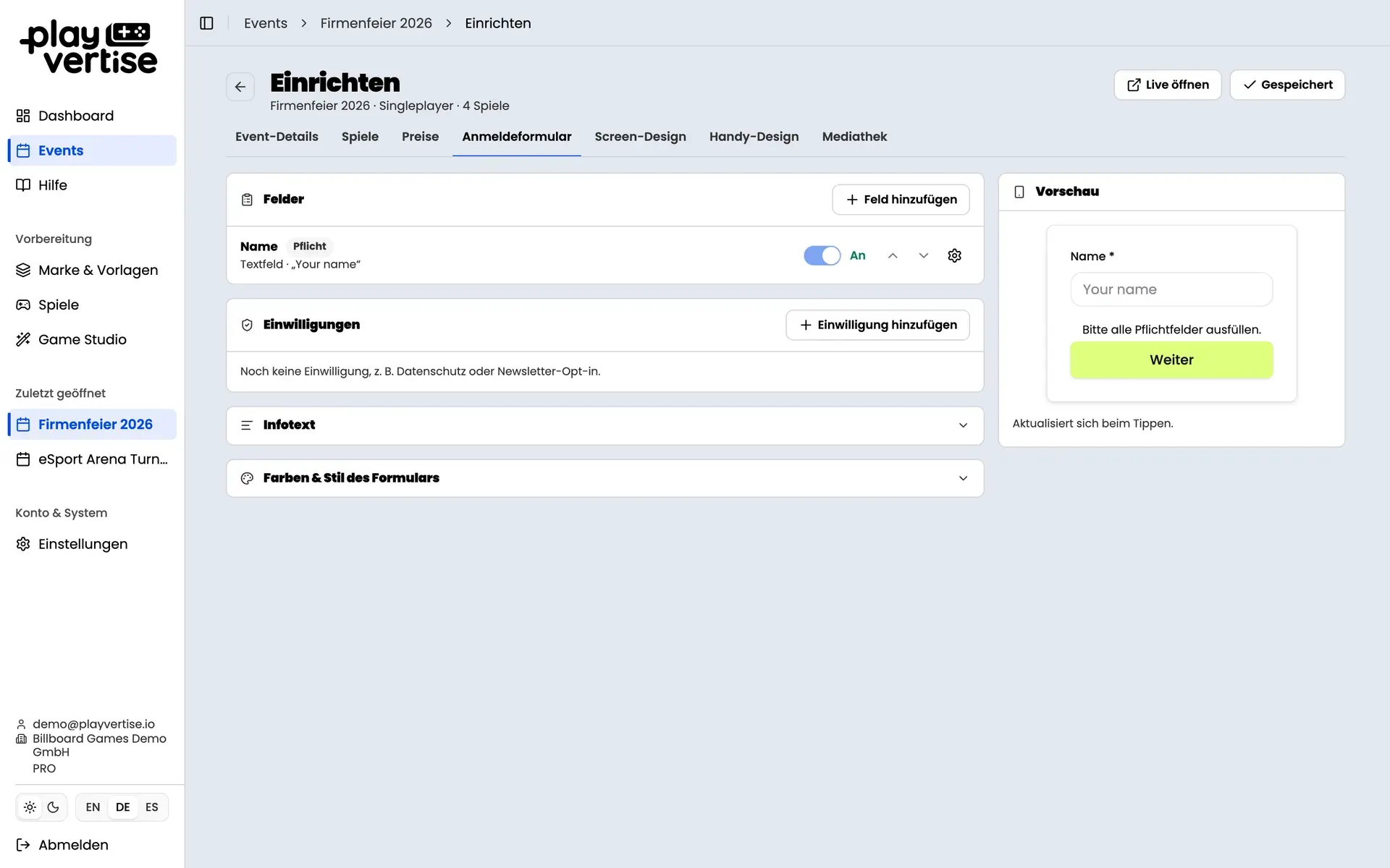 GameHub: Anmeldeformular mit Kontaktfeldern für DSGVO-konformes Lead-Capturing