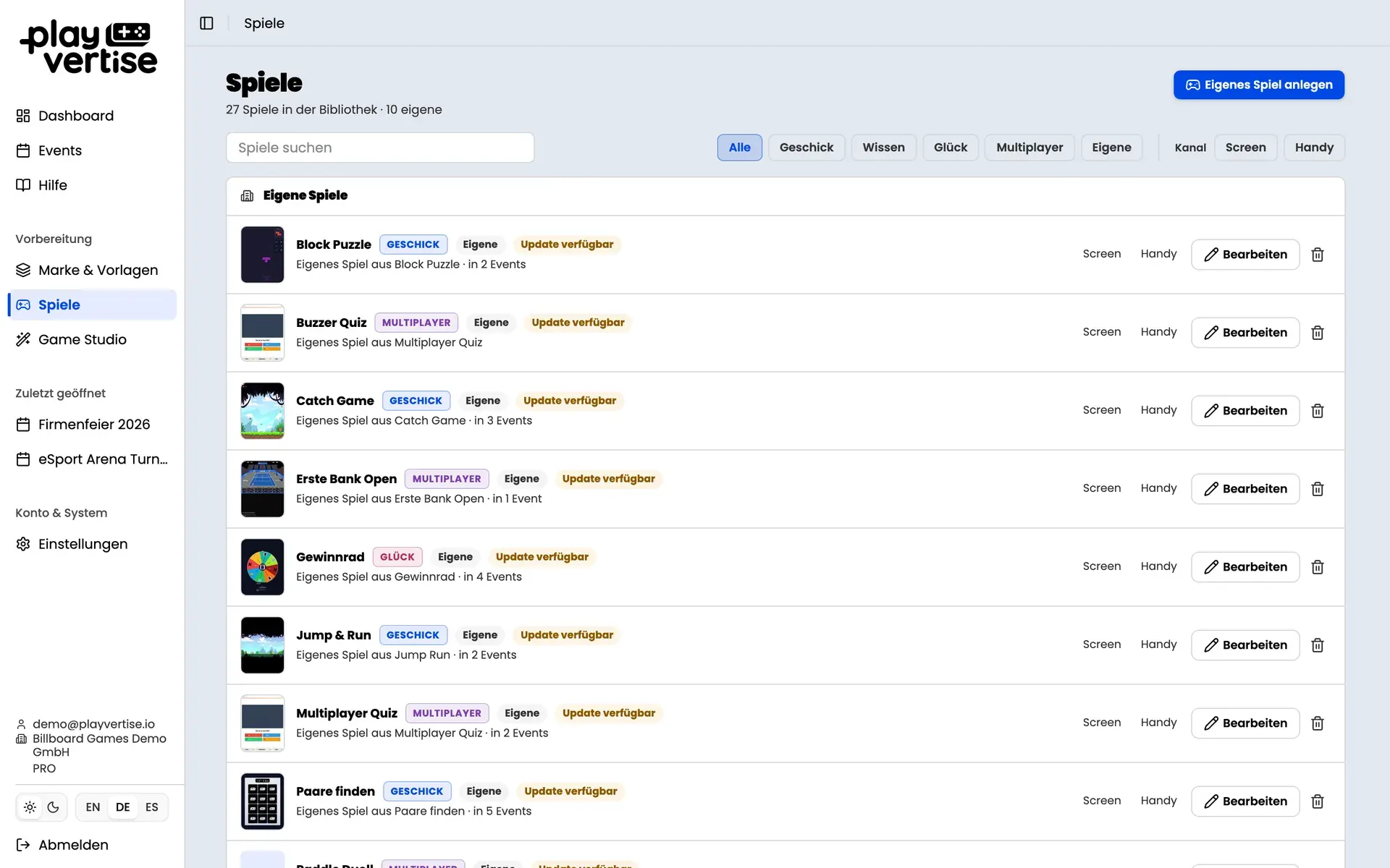 GameHub: Spielebibliothek mit Suchfeld, Kategorie-Filtern und der Liste der angelegten Spiele