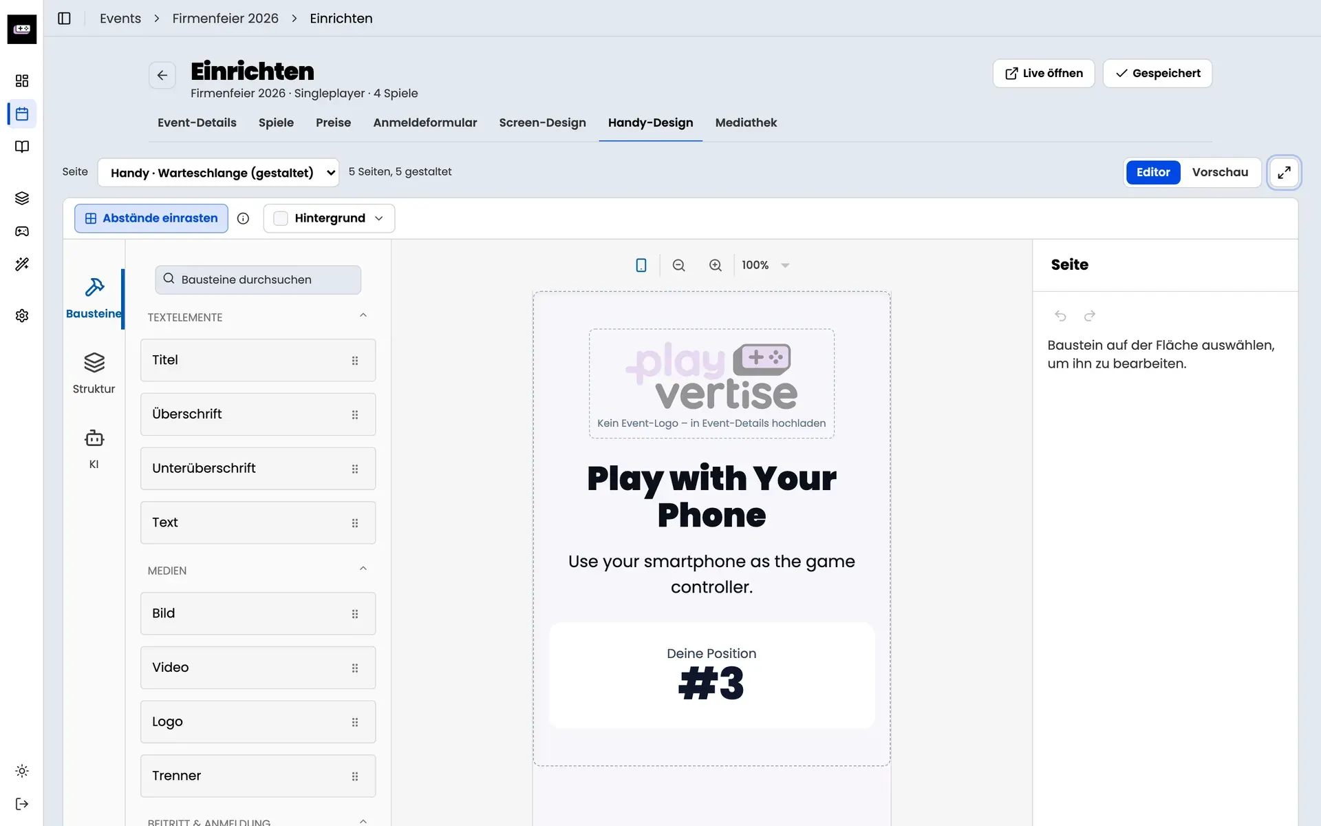 GameHub: Handy-Design mit Bausteinen und Vorschau des Spieler-Screens