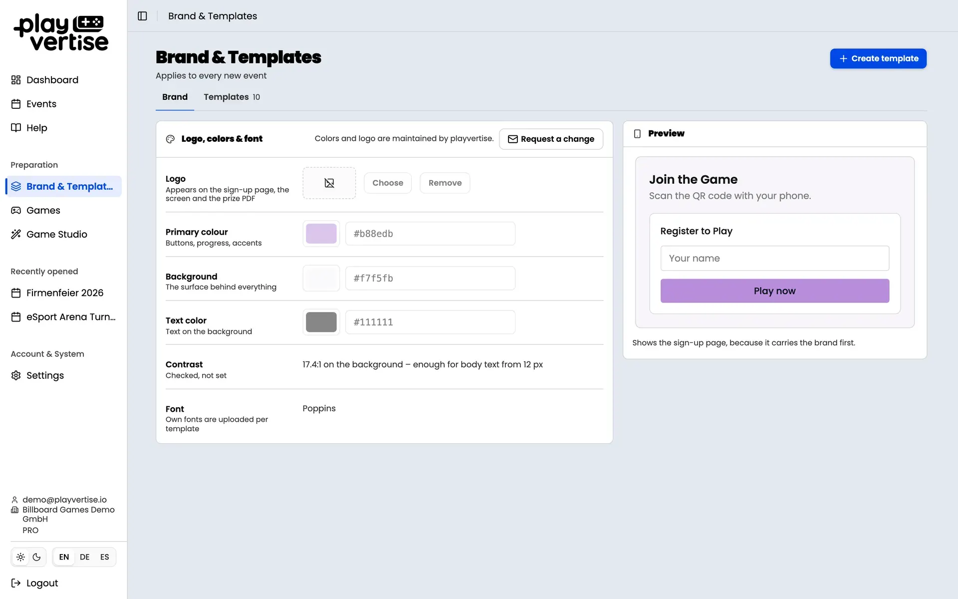 GameHub: brand settings with logo, colors, font and a preview of the sign-up page