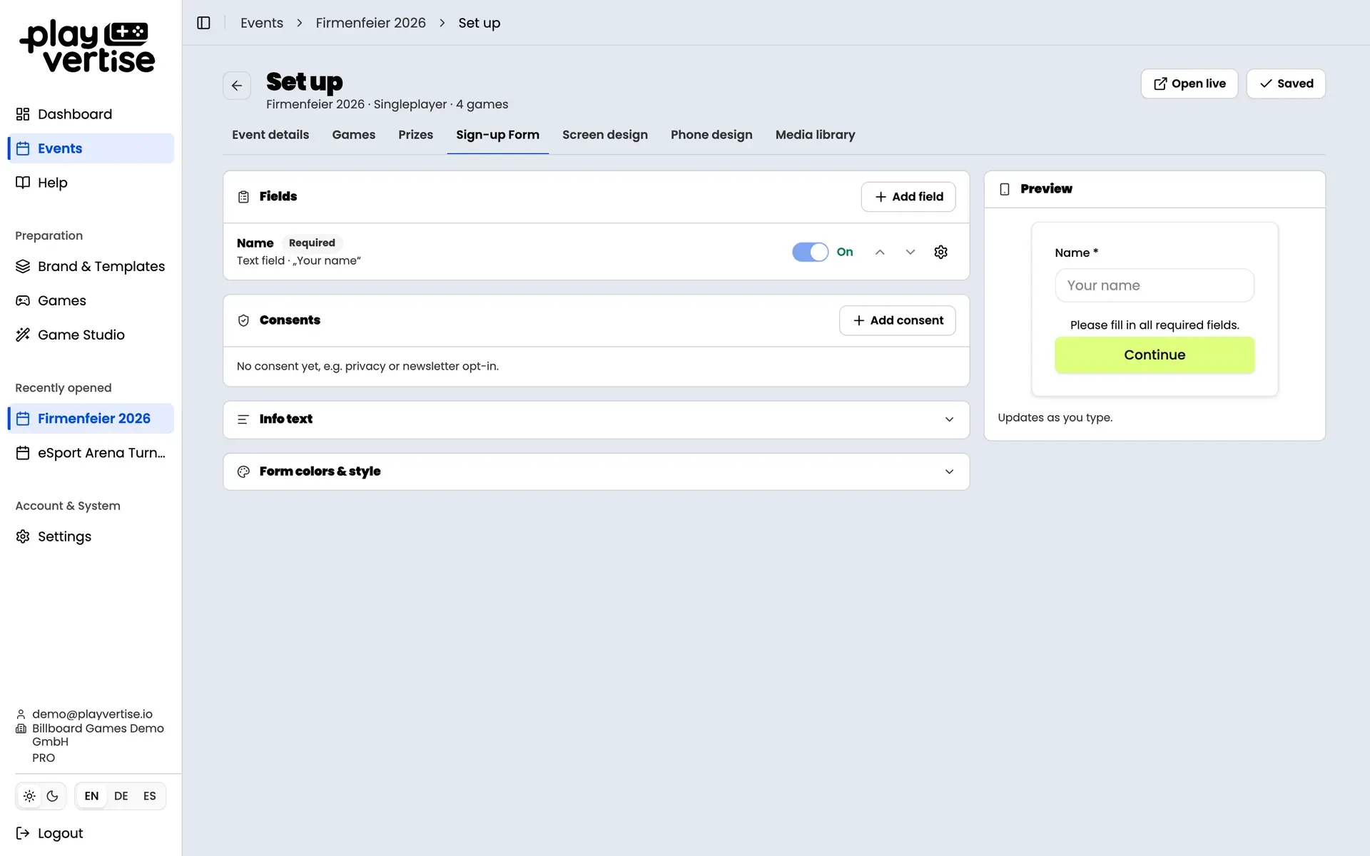 GameHub: sign-up form with contact fields for GDPR-compliant lead capture