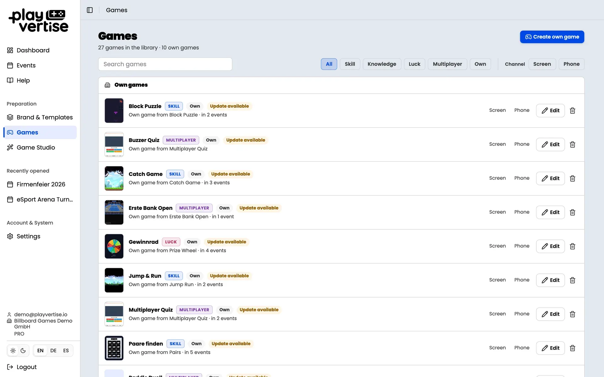 GameHub: game library with search, category filters and the list of configured games