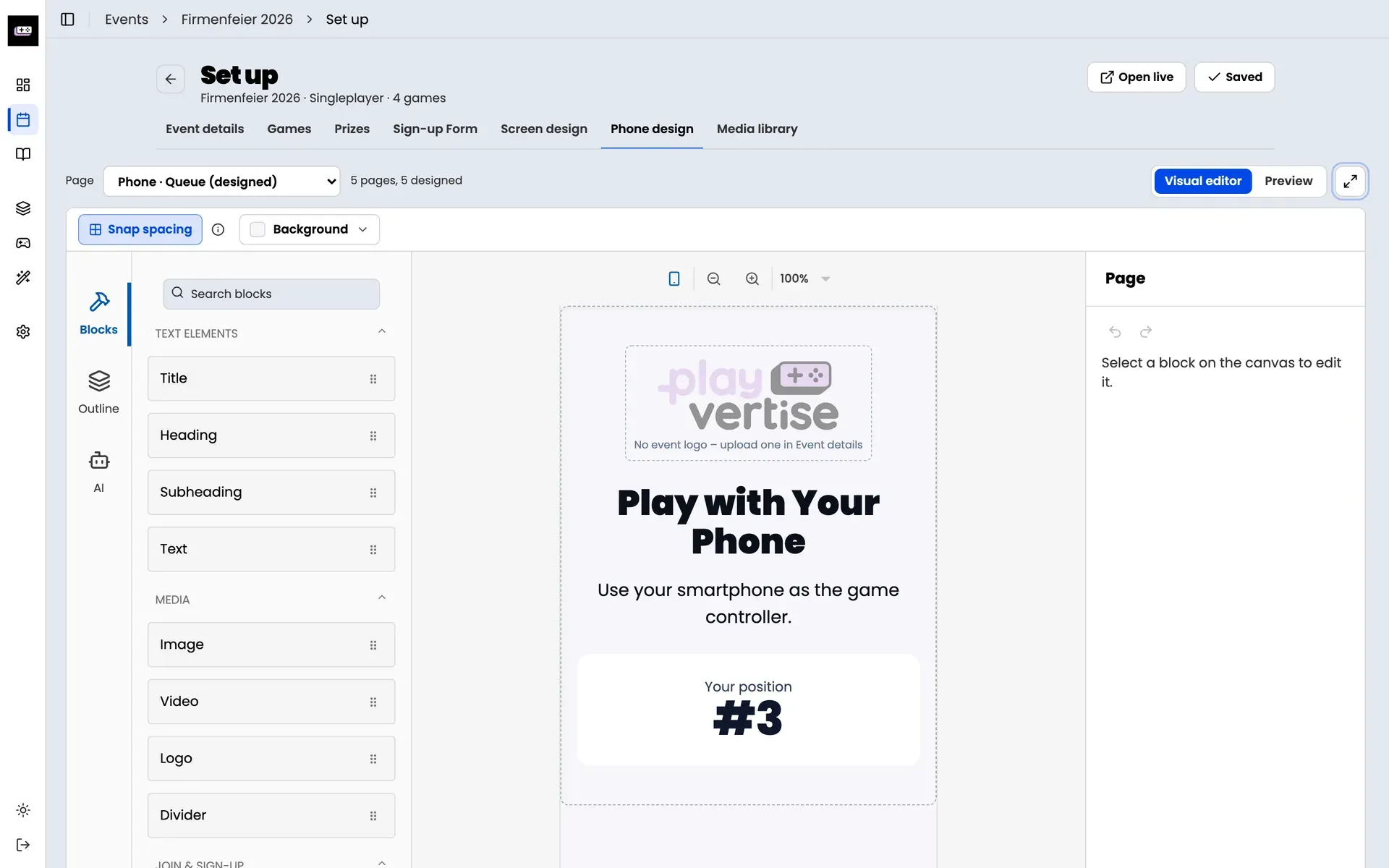 GameHub: phone design editor with building blocks and a preview of the player screen